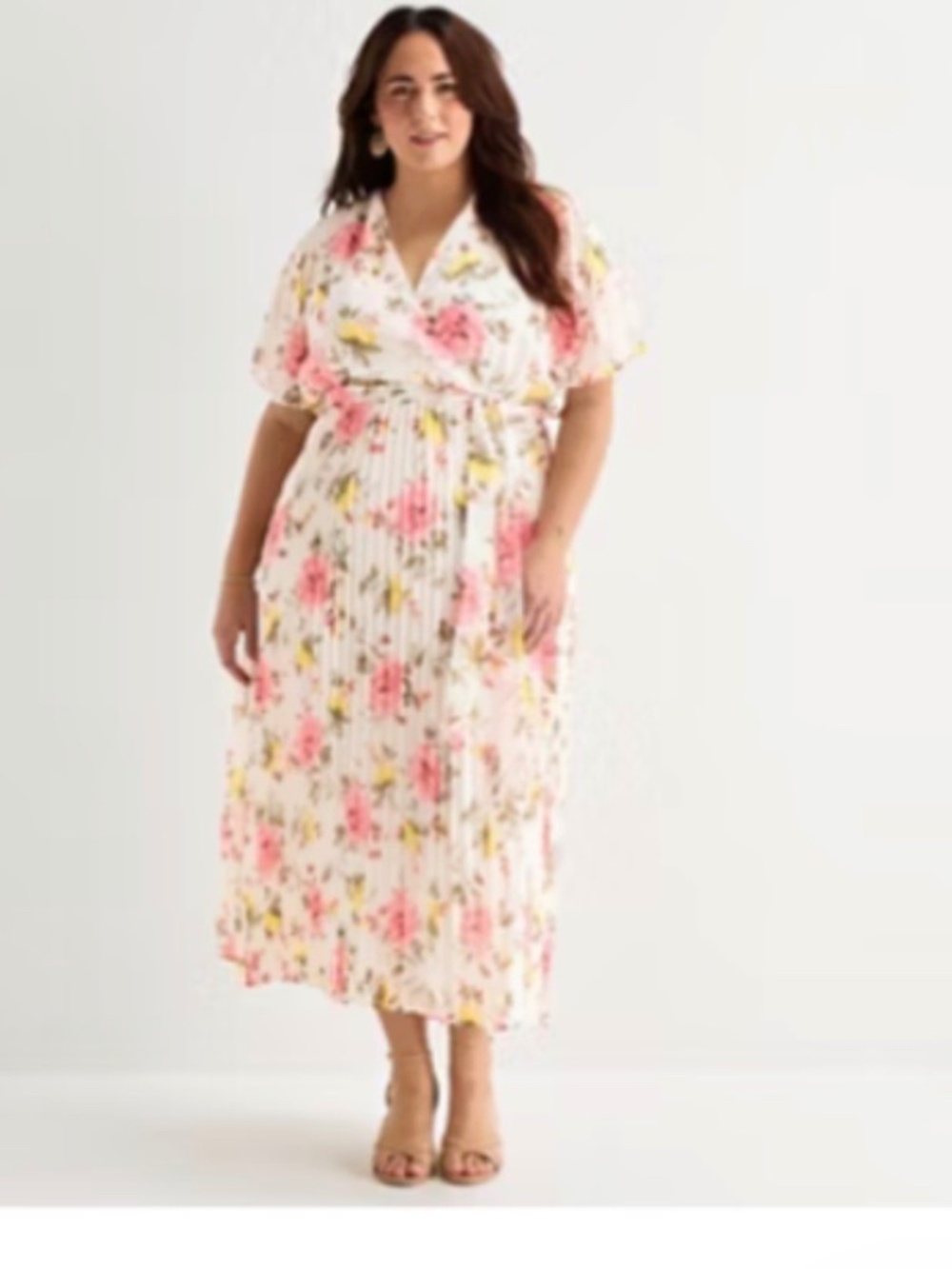 NWT Floral Pleated Maxi/Midi Dress 18W – Pink Yellow Floral – Tie Wai